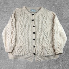 House of Ireland Aran Cardigan Mens XL Cream Pure Wool Hand Knitted Fisherman
