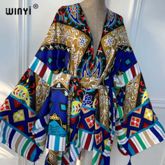 Red Africa Dress Women Cardigan Silky Robe Kimono Dress Cruise Wear Beach Dress
