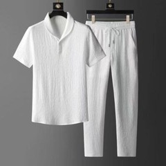 Men’s Spring Summer Short Sleeve Casual Suit Slim Two-piece Set Drawstring Pants