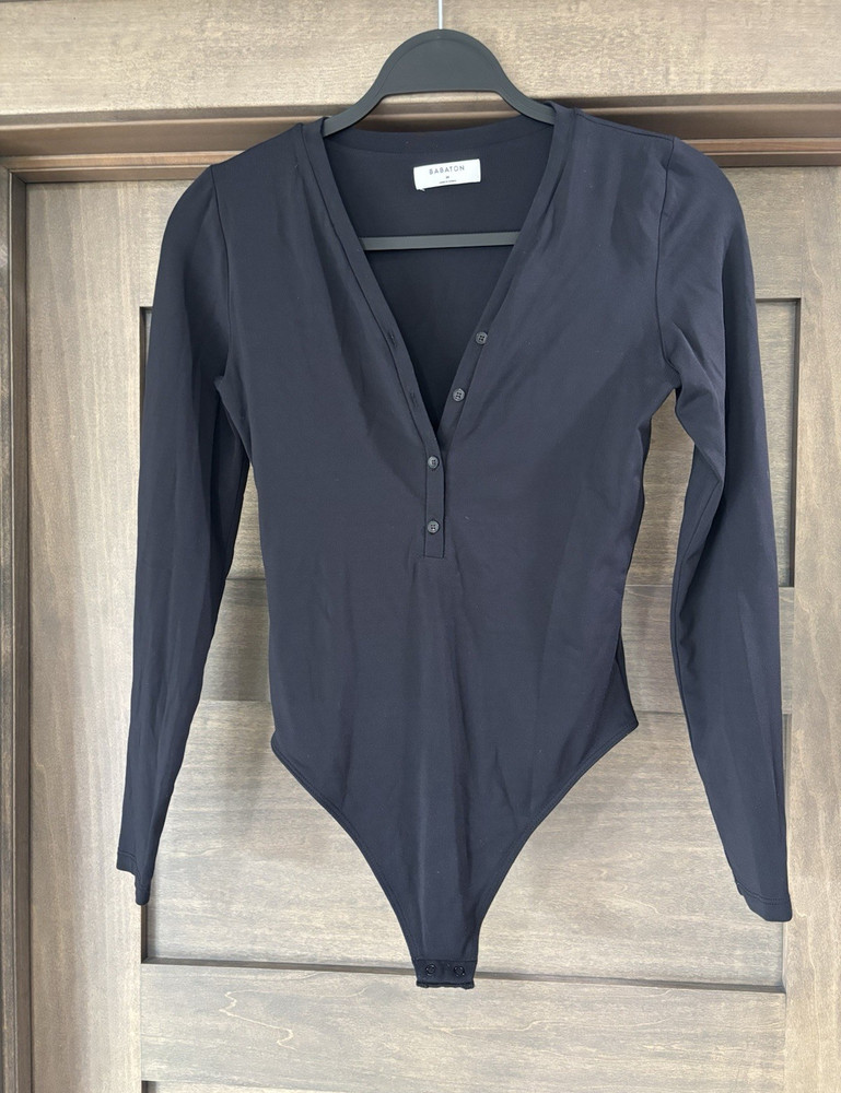 Aritzia Babaton Women’s Black Solid Long Sleeve V-Neck Button Bodysuit Size S
